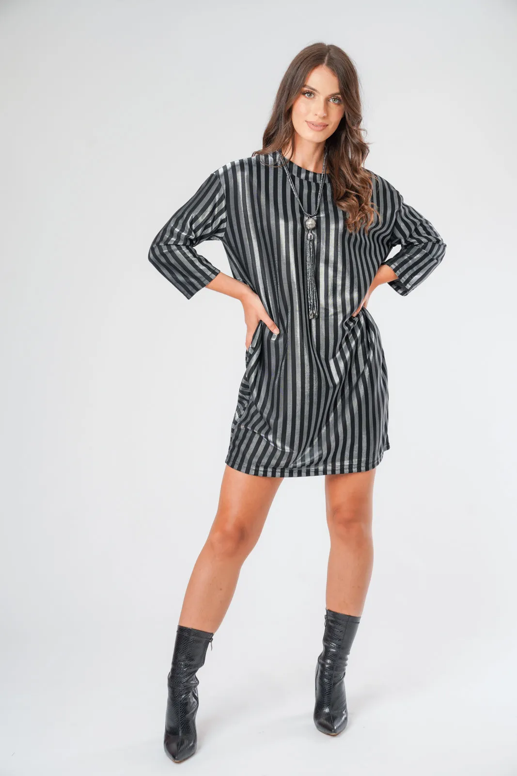 Metallic Grey Striped Dress Top