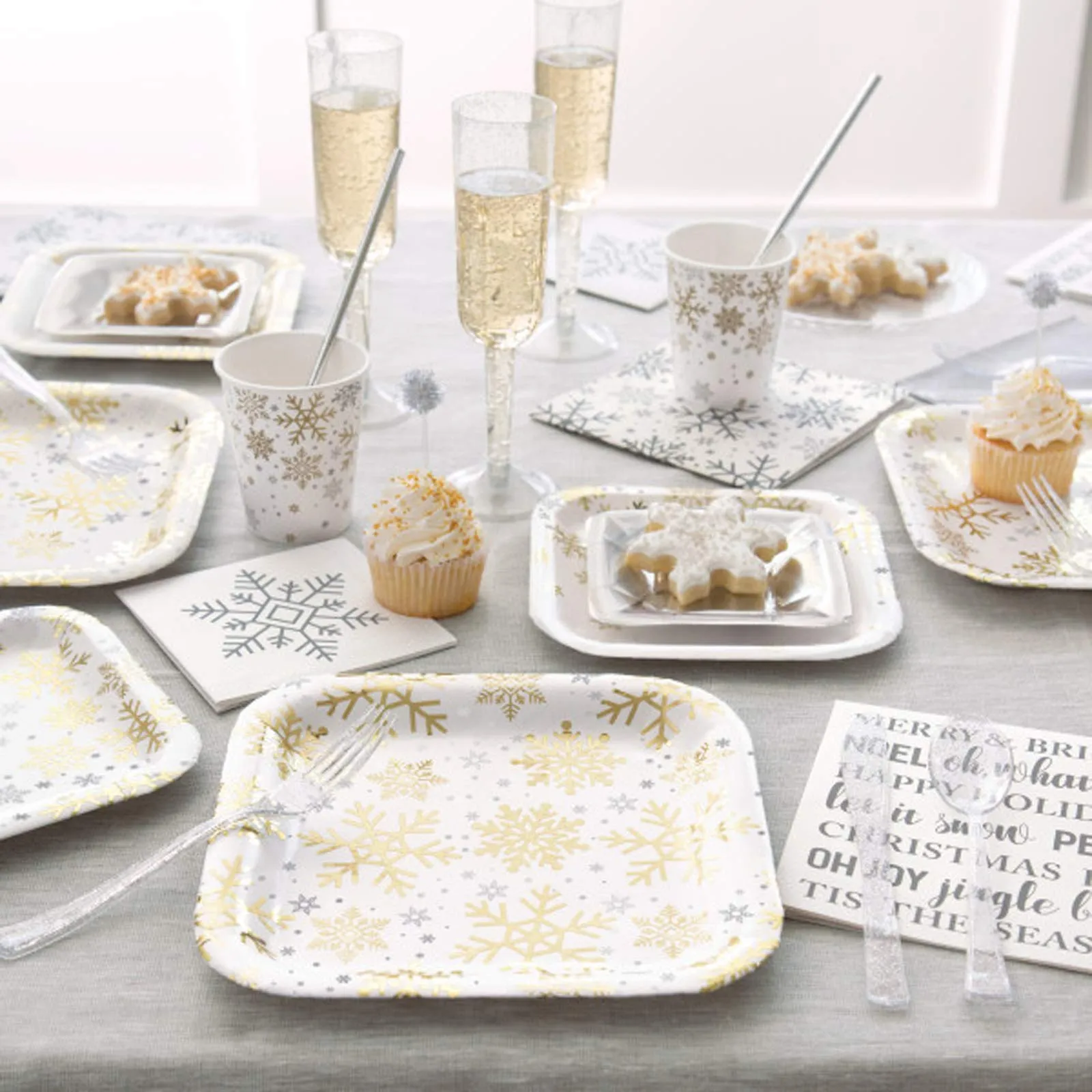 Metallic Silver & Gold Winter Snowflake Christmas Holiday Square Paper Dinner Plates and Holiday Sayings Luncheon Napkins (Serves 16)