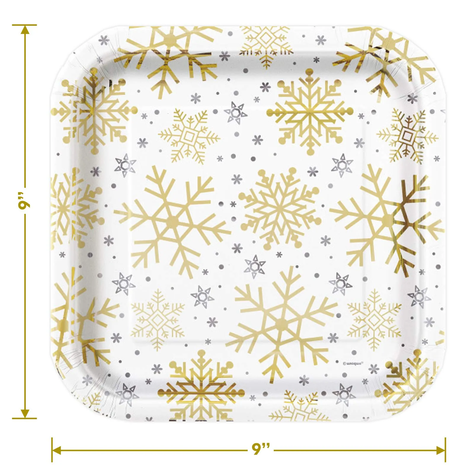 Metallic Silver & Gold Winter Snowflake Christmas Holiday Square Paper Dinner Plates and Holiday Sayings Luncheon Napkins (Serves 16)