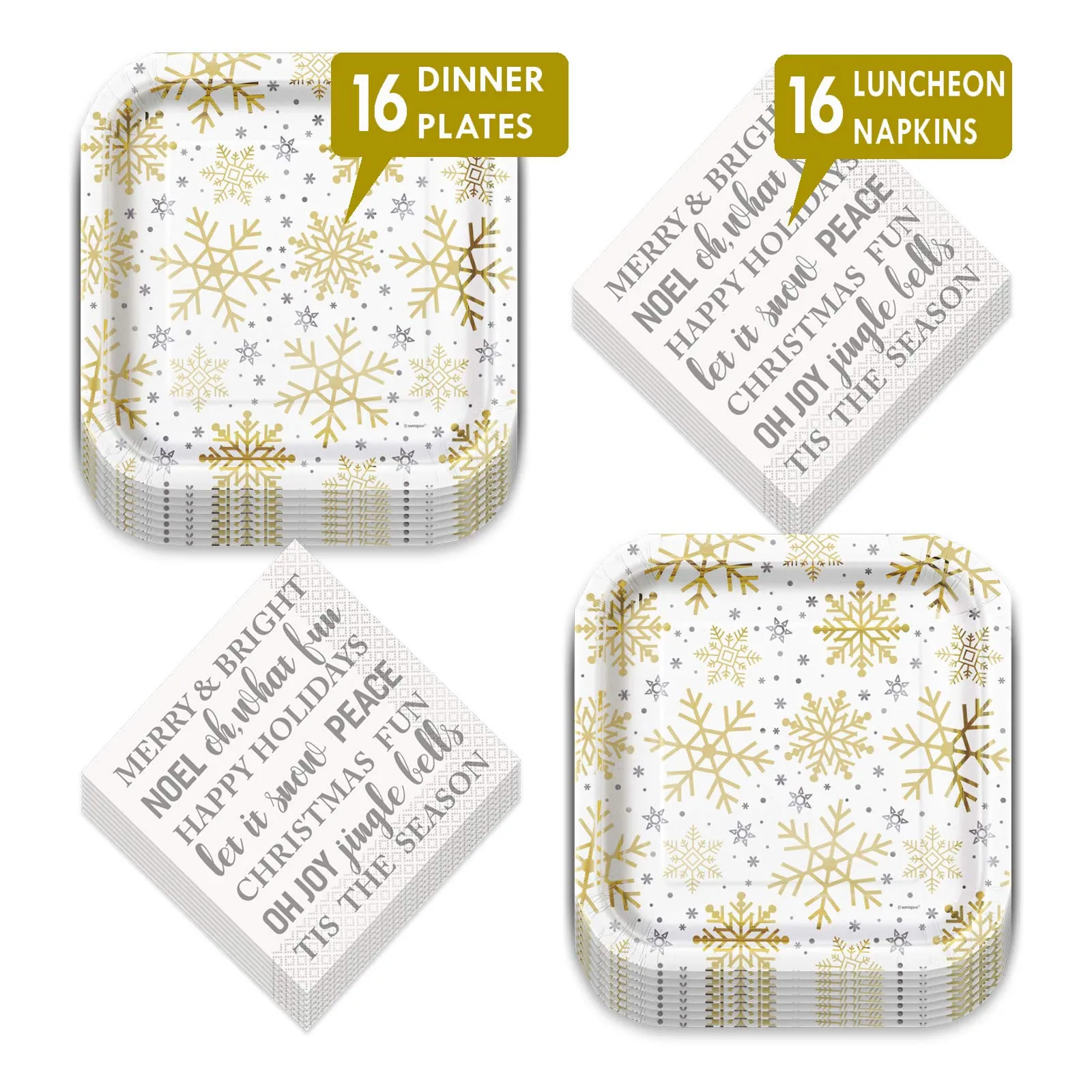 Metallic Silver & Gold Winter Snowflake Christmas Holiday Square Paper Dinner Plates and Holiday Sayings Luncheon Napkins (Serves 16)