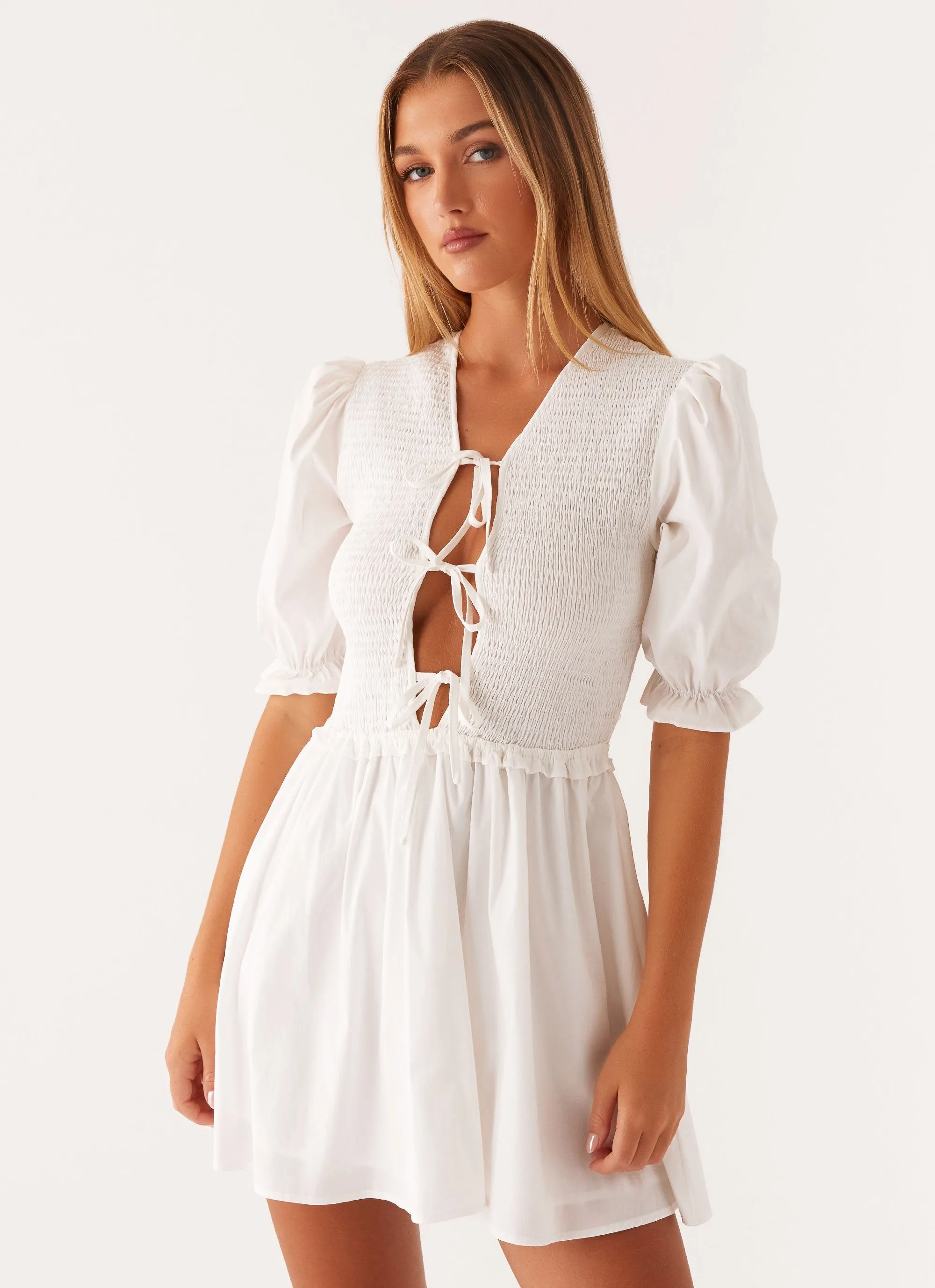 Milana Shirred Puff Sleeve Mini Dress - White