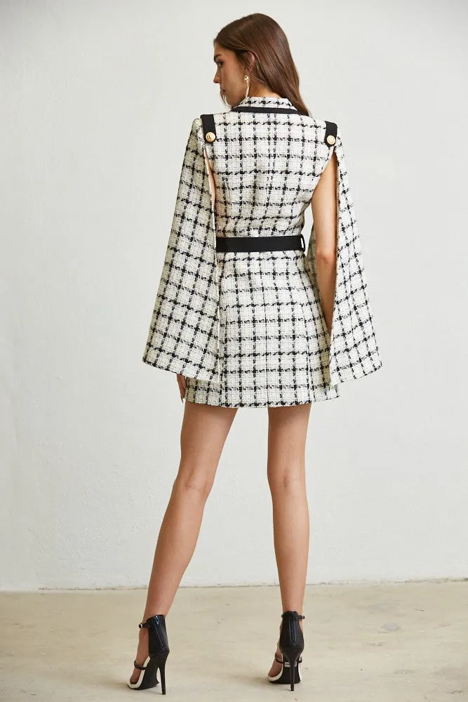 Multi Plaid Tweed Cape Shoulder Dress