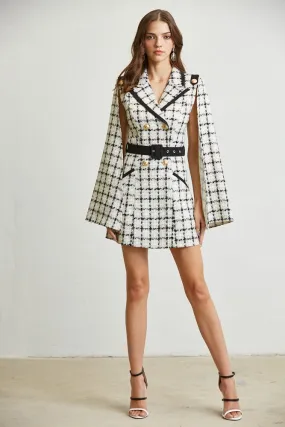 Multi Plaid Tweed Cape Shoulder Dress