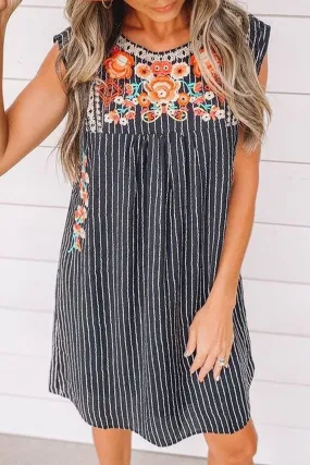 Navy Blue Boho Striped Cap Sleeve Embroidered Short Dress