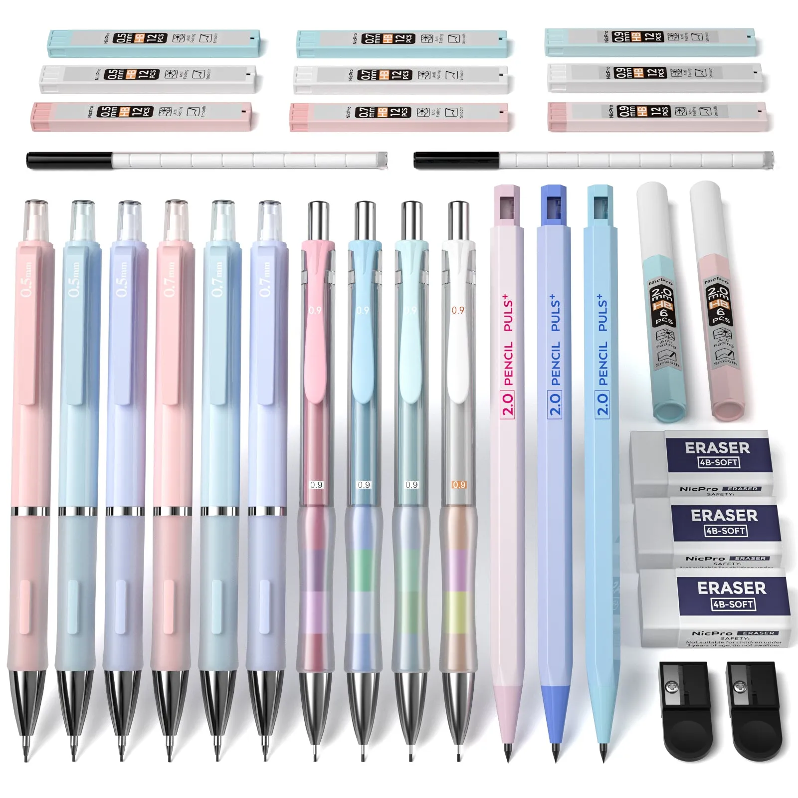 Nicpro 13 PCS Pastel Art Mechanical Pencil Bulk Set,10 PCS Drawing Pencils 0.5 & 0.7 & 0.9 mm & 3 PCS 2mm Graphite Lead Holder(2B HB) For Writing Sketching Drafting With Lead Refills Erasers Cute Case