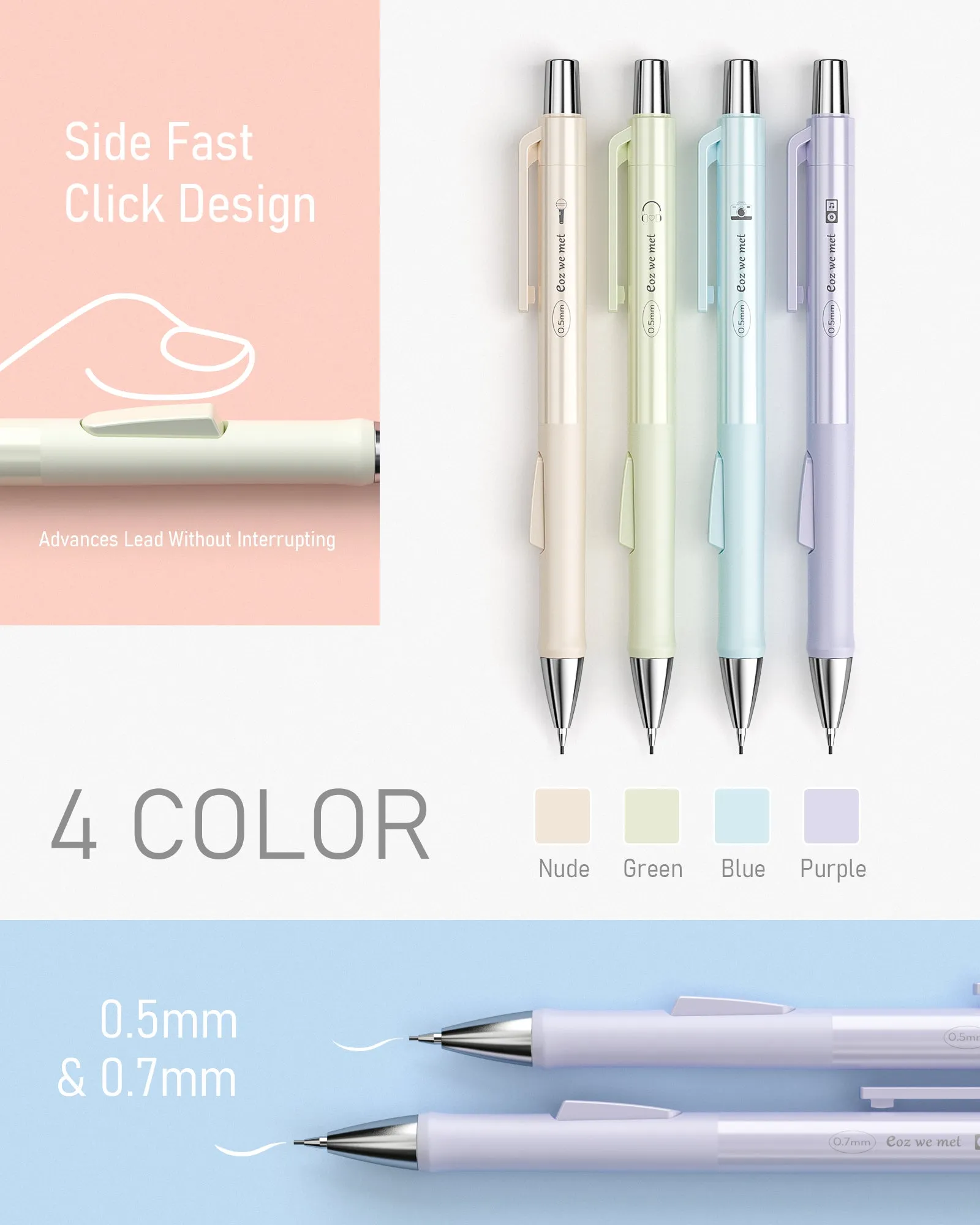 Nicpro 8PCS Pastel Mechanical Pencil 0.5mm & 0.7 mm, Cute Fast Click Mechanical Pencils Set with 8 Tubes HB Lead Refill, Eraser, Eraser Refill for School, Student Writing, Drawing, Sketching-with Case