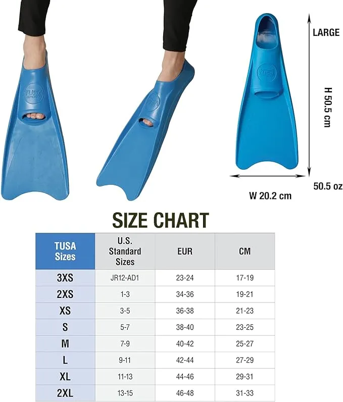 Open Box Tusa Sport Full Foot Rubber Scuba Dive Fins - Blue - 2X-Large