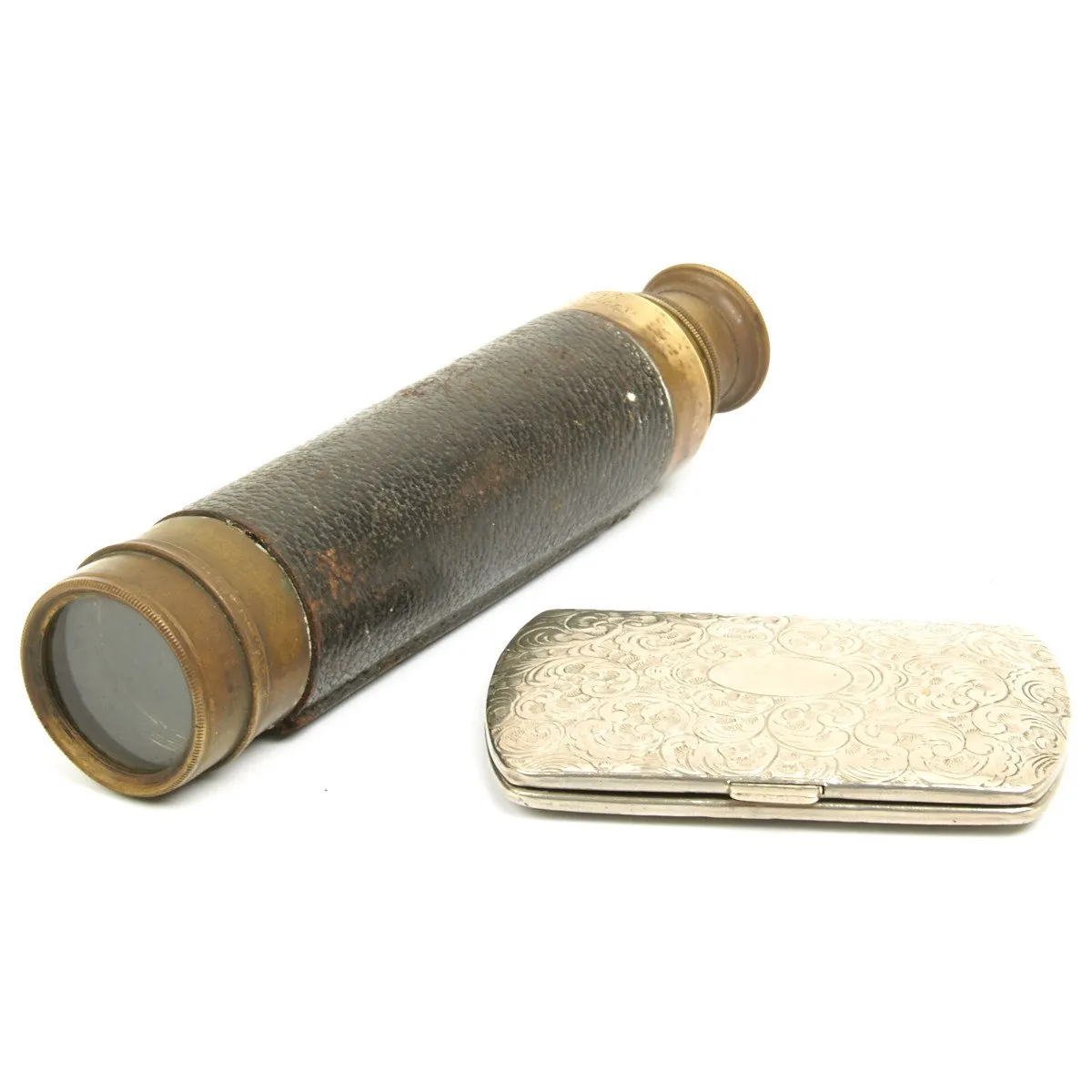 Original British WWI Royal Artillery Named Colonel Telescope and Silver Card Case - Dated 1917