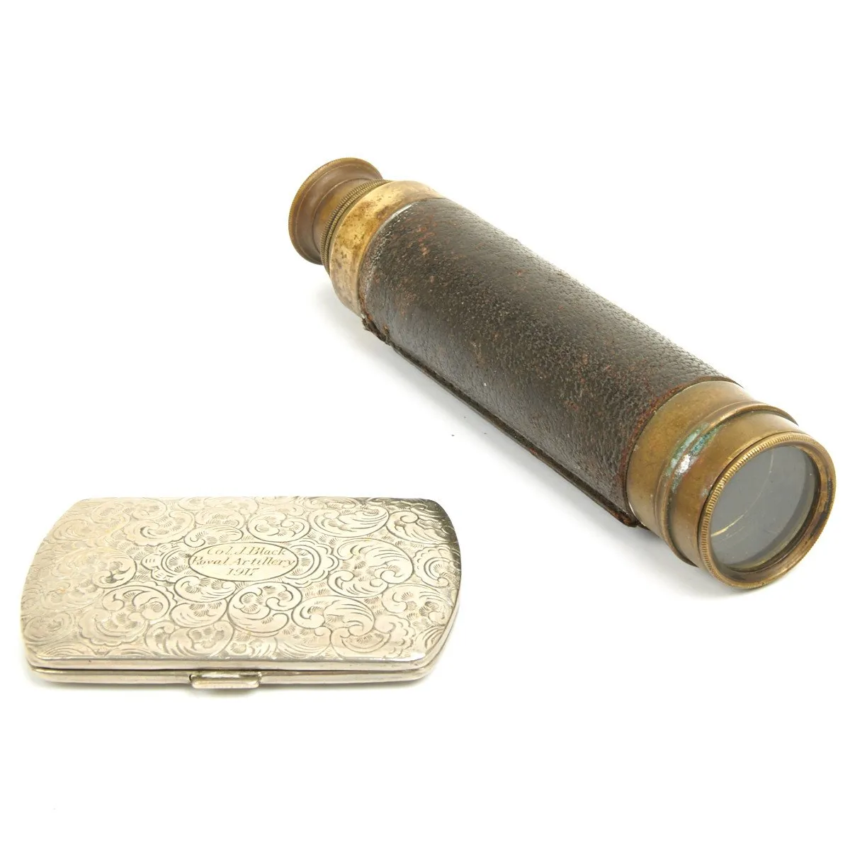 Original British WWI Royal Artillery Named Colonel Telescope and Silver Card Case - Dated 1917