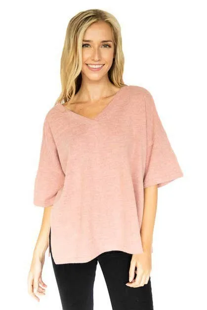 Oversize SS Fleece Vneck Tunic Top