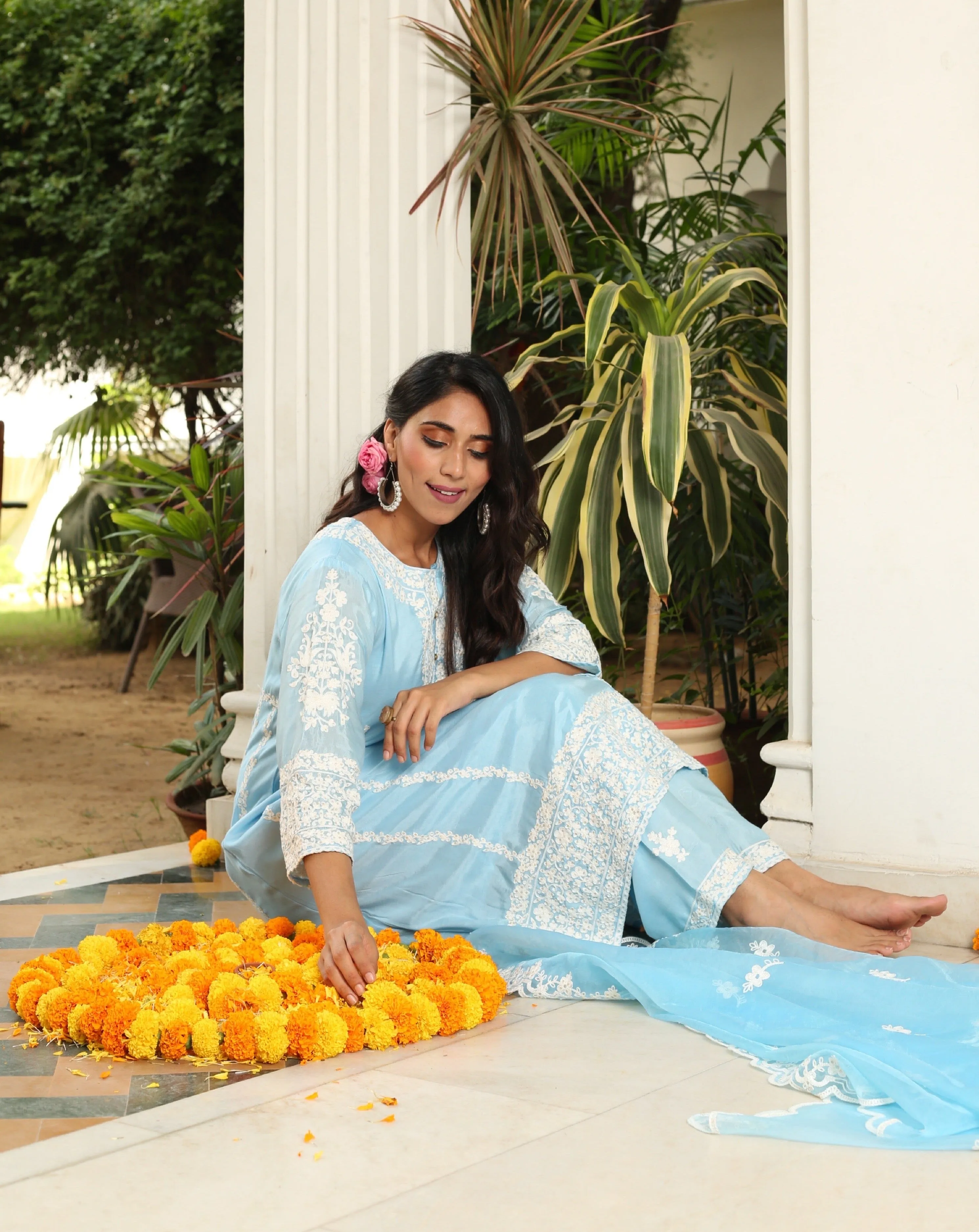 Paradise On Blue Dupatta Suit Set