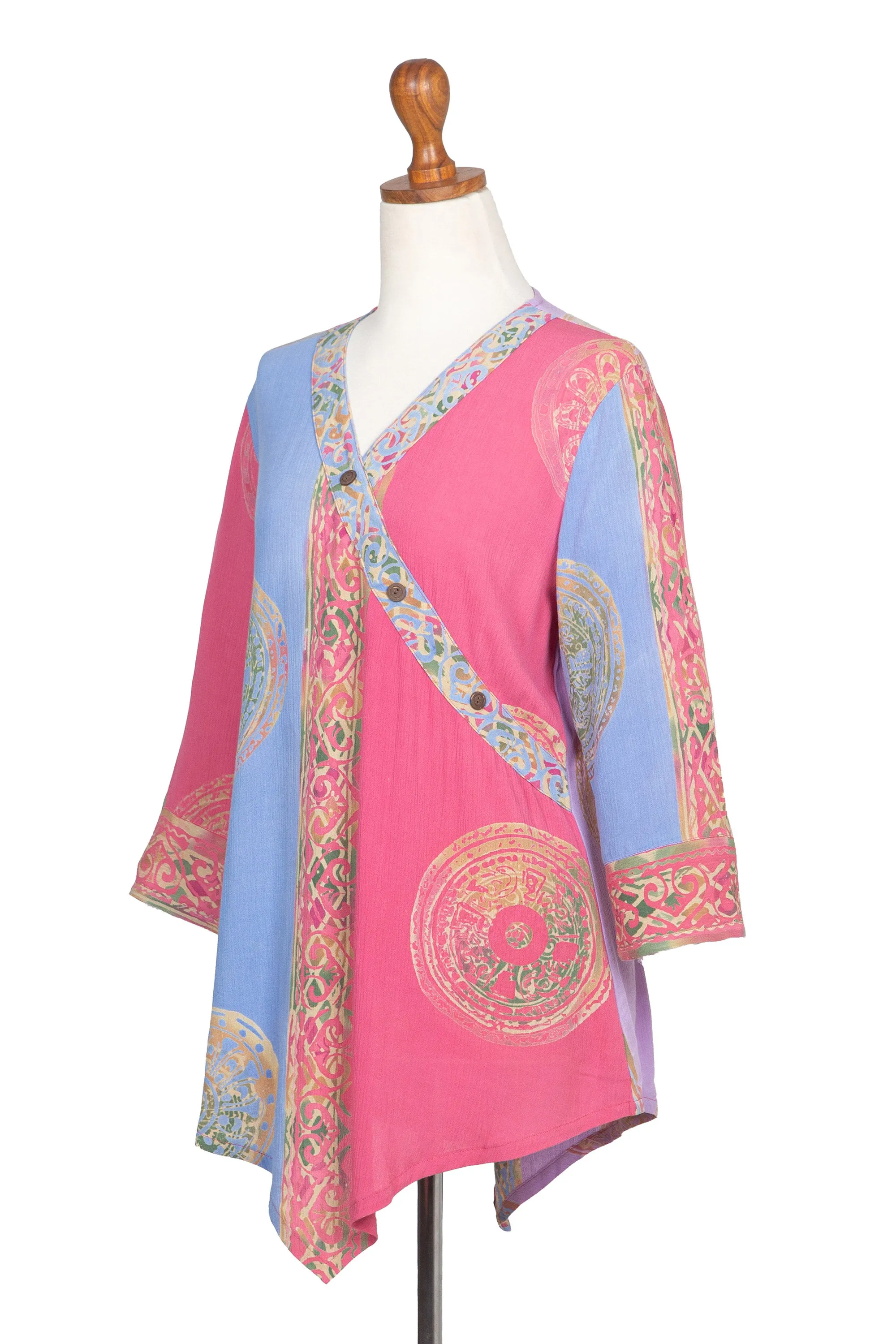 Pink and Blue Hand Batik Textured Rayon Flowing V-Neck Tunic - Color Symphony in Rose | NOVICA