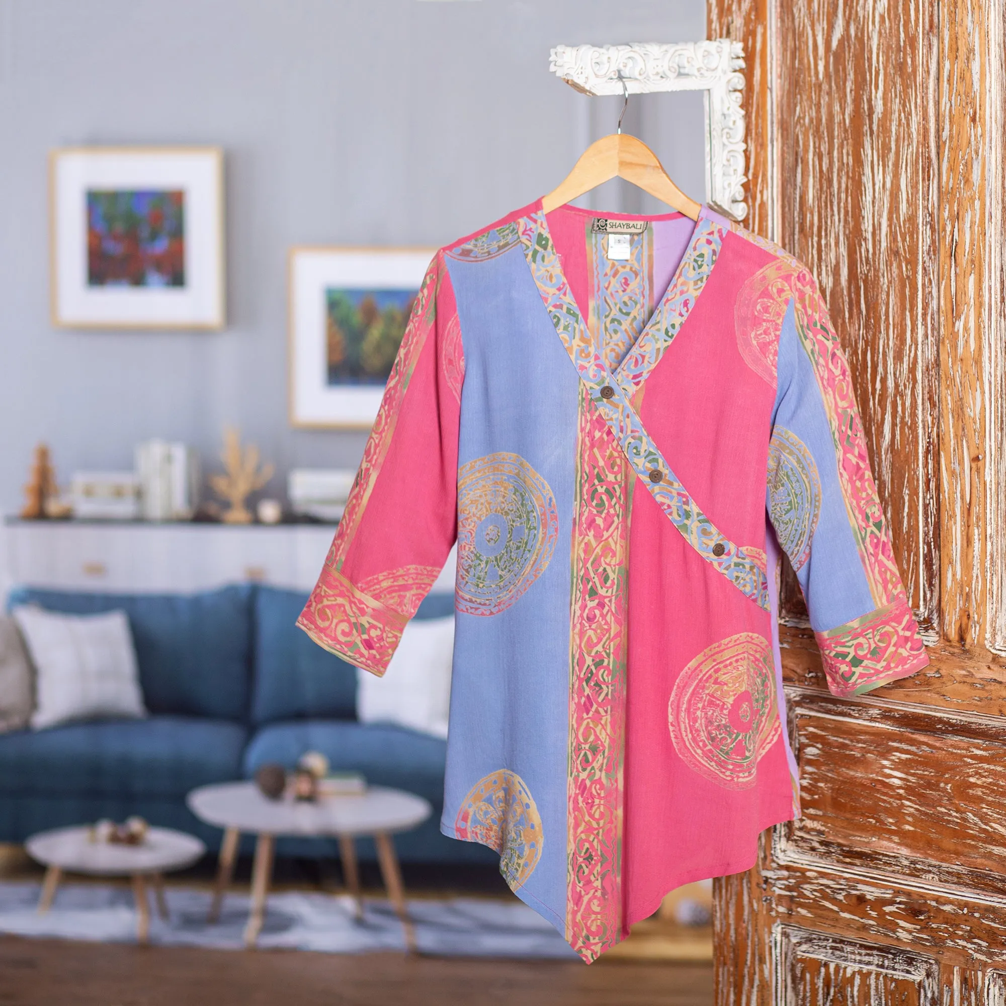 Pink and Blue Hand Batik Textured Rayon Flowing V-Neck Tunic - Color Symphony in Rose | NOVICA