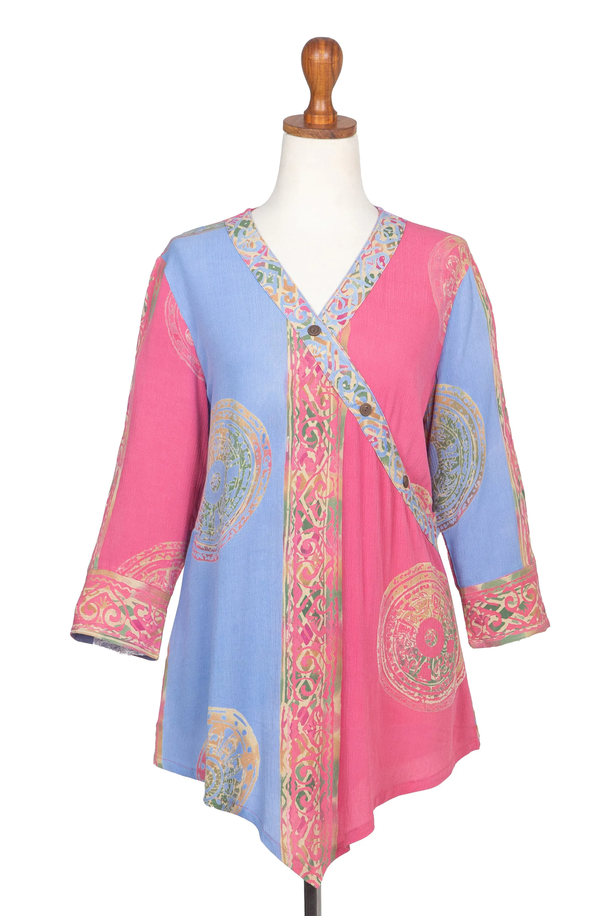 Pink and Blue Hand Batik Textured Rayon Flowing V-Neck Tunic - Color Symphony in Rose | NOVICA