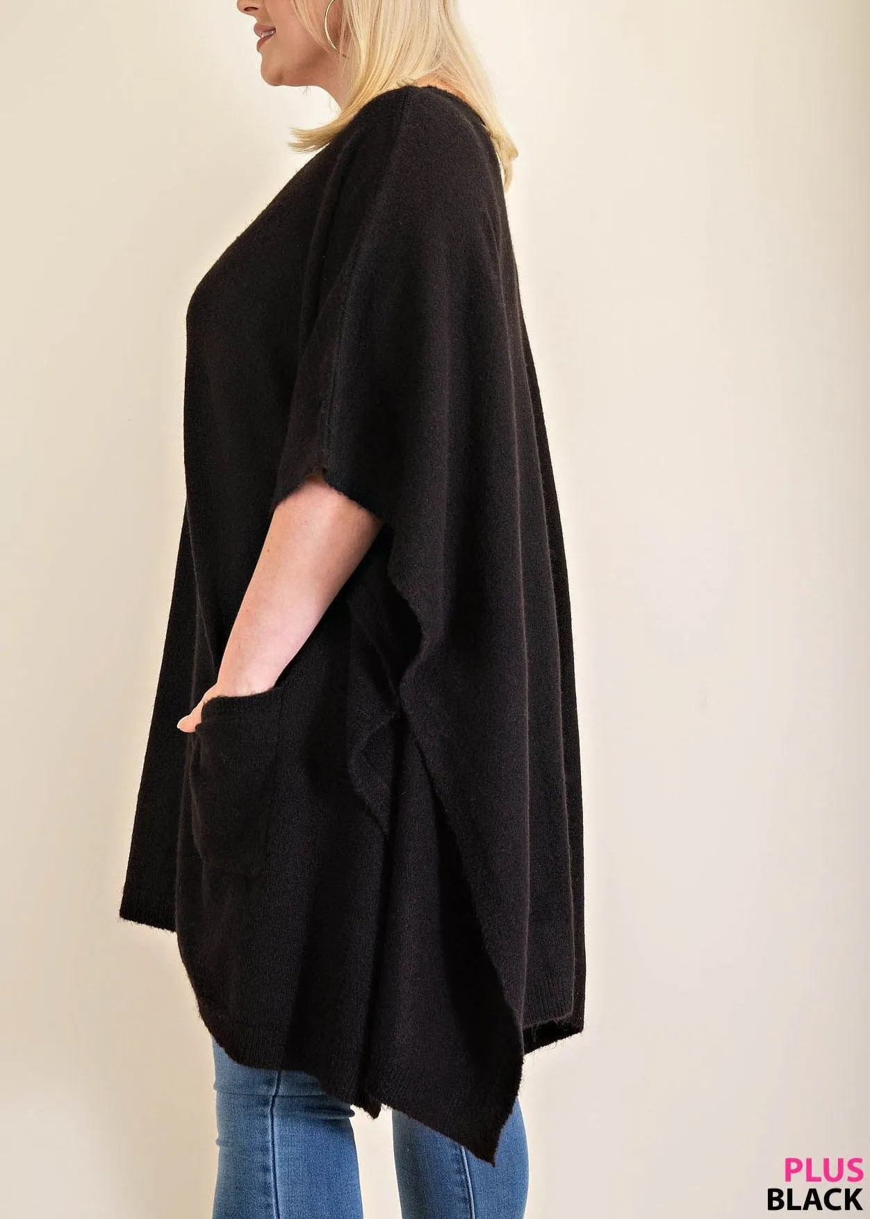 Plus Size Classic Oversized Round Neck Poncho Sweater in Black