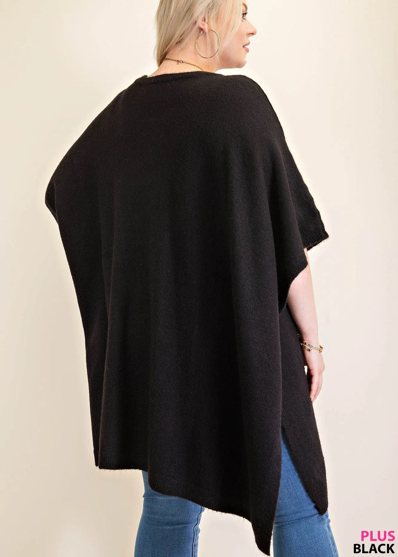 Plus Size Classic Oversized Round Neck Poncho Sweater in Black