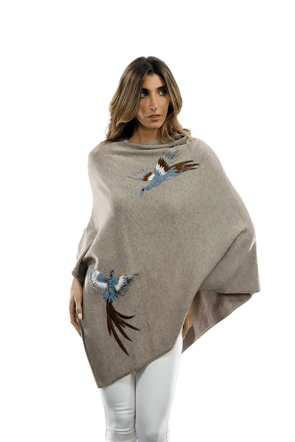 Poncho with Embroidered Phoenix - Oatmeal