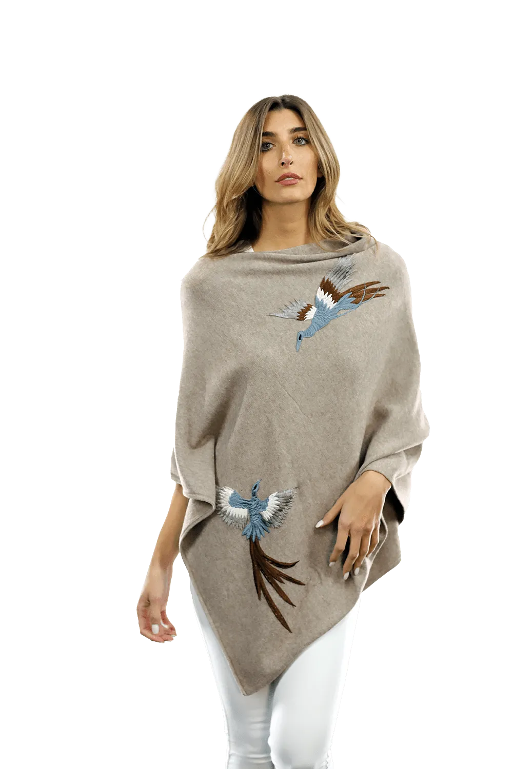 Poncho with Embroidered Phoenix - Oatmeal