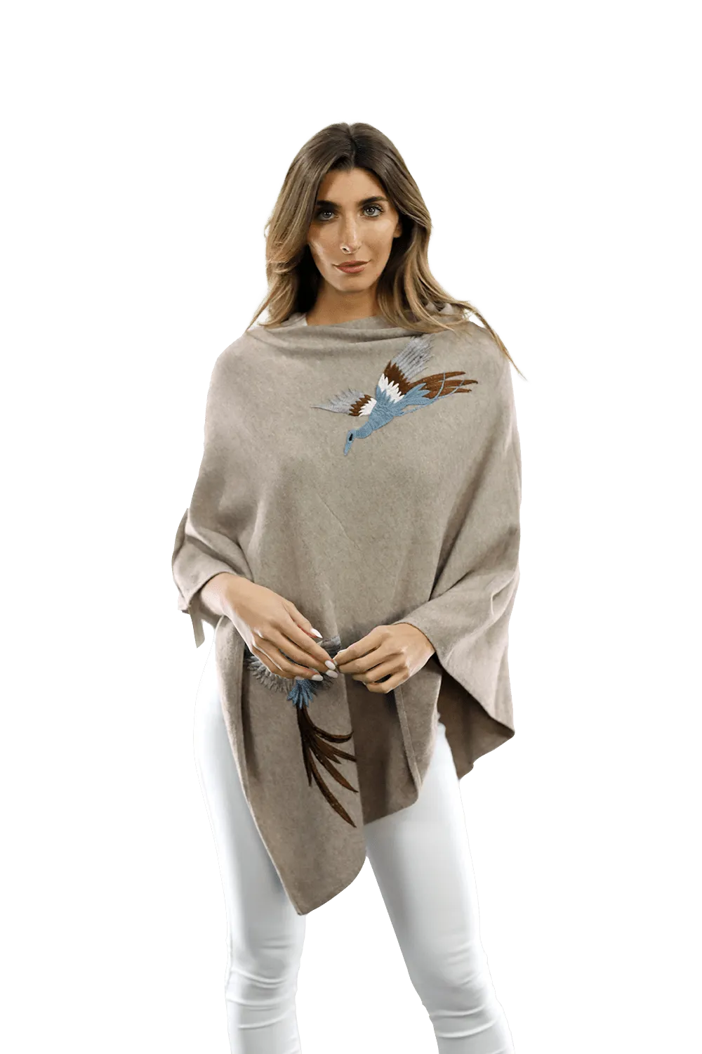 Poncho with Embroidered Phoenix - Oatmeal