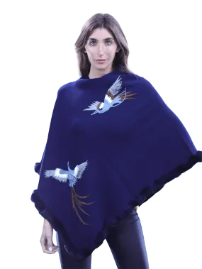 Poncho with embroidery and rex trim - Navy