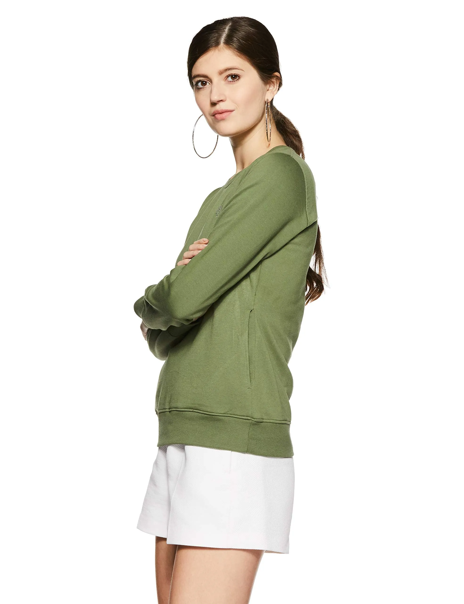 Qube By Fort Collins Women's Cotton Crew Neck Sweatshirt (304 SMU_M_Olive_Olive_M)