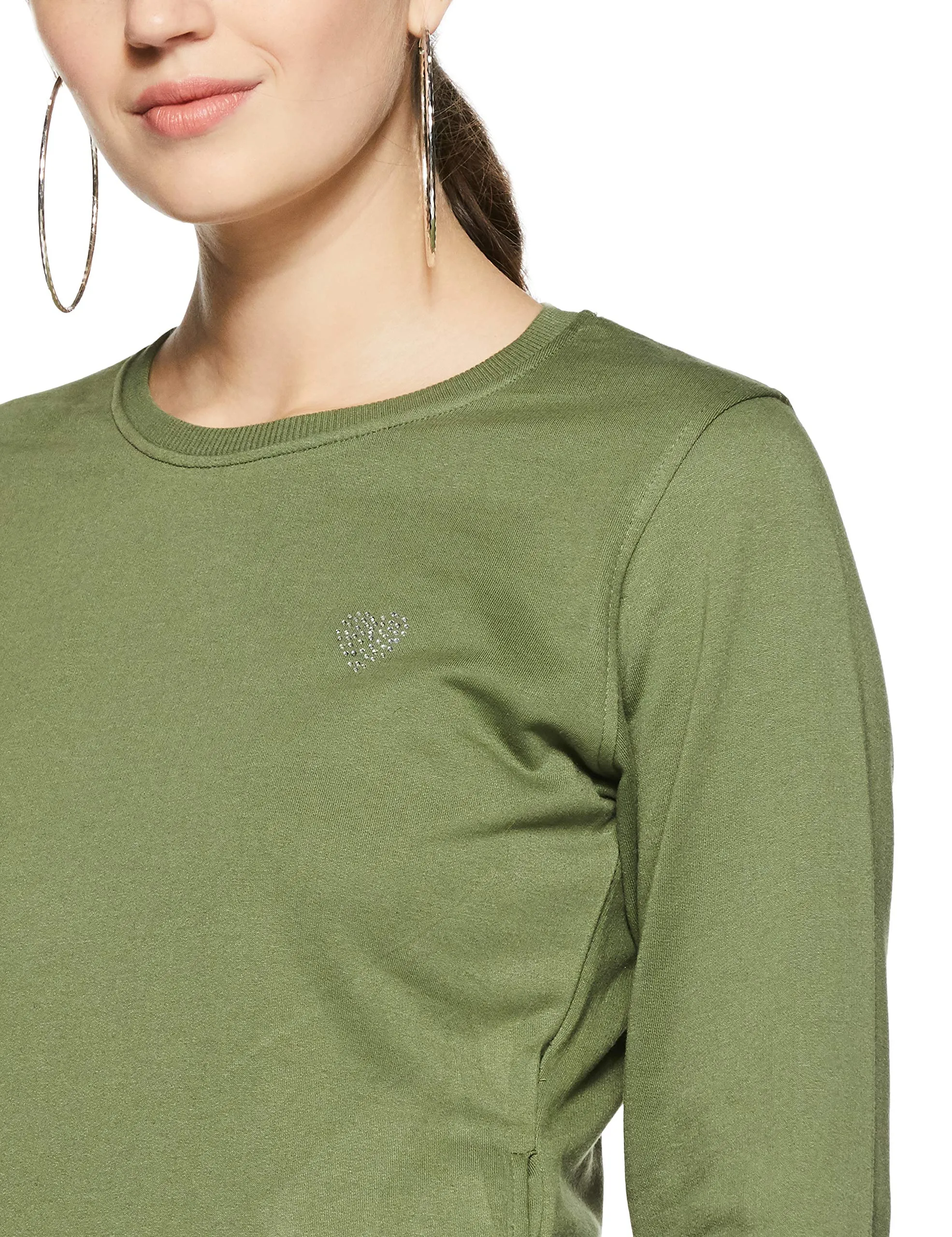 Qube By Fort Collins Women's Cotton Crew Neck Sweatshirt (304 SMU_M_Olive_Olive_M)