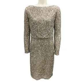 Rachel Gilbert Champagne Metallic Sequined and Beaded Long Sleeved Dress