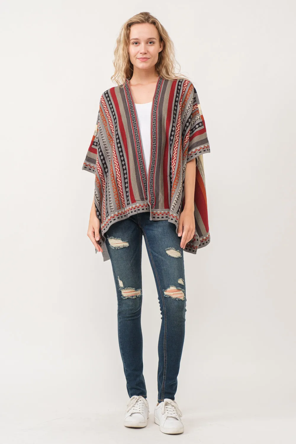 RAJ CORA STRIPED PONCHO RUANA CLASSIC GRAY