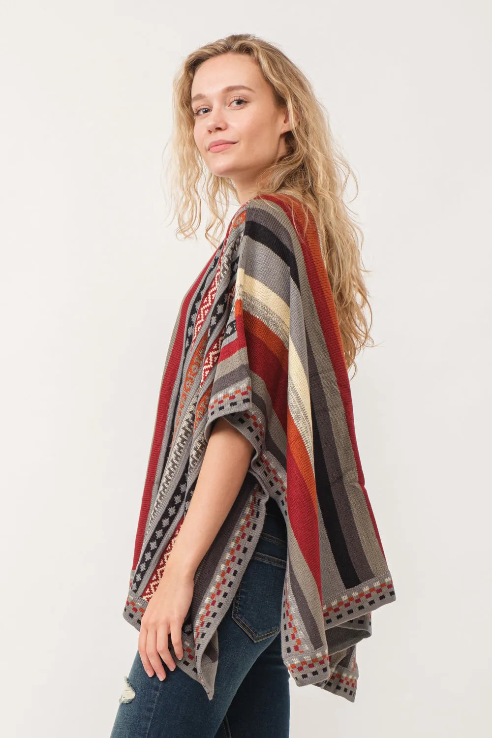 RAJ CORA STRIPED PONCHO RUANA CLASSIC GRAY