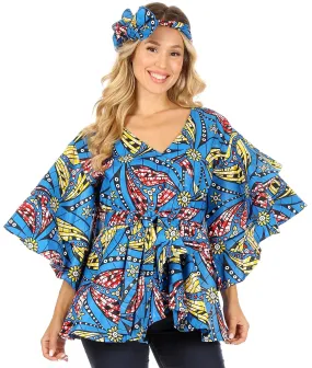 Sakkas Antonella Women's Ruffle Short Sleeve African Ankara V neck Wrap Top Blouse