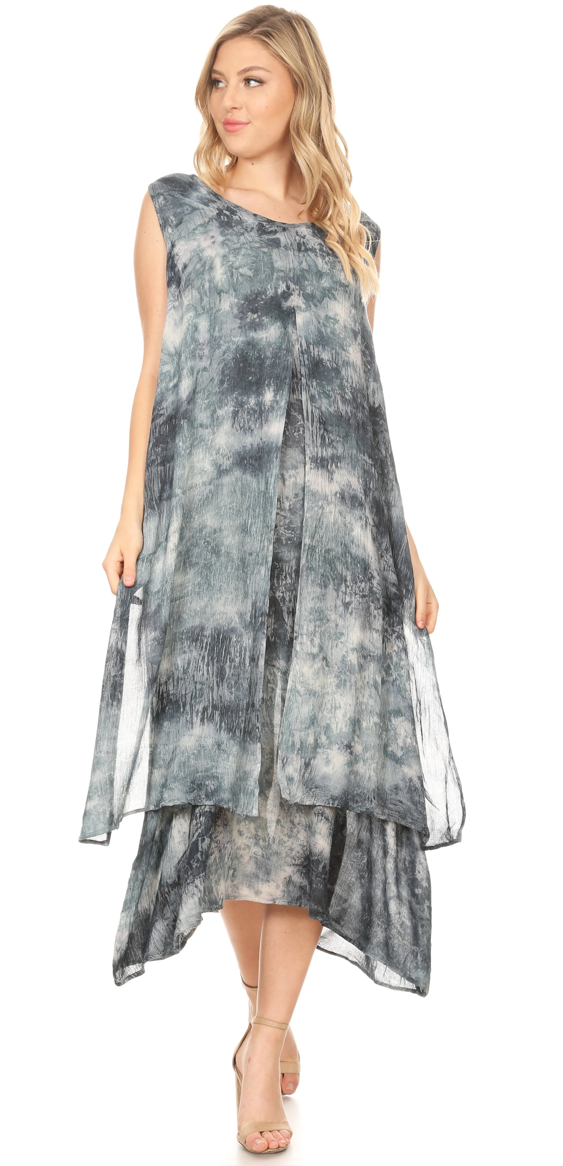 Sakkas Arisa Women's Maxi Casual Tie Dye Sleeveless Layered Cover up Tank Dress