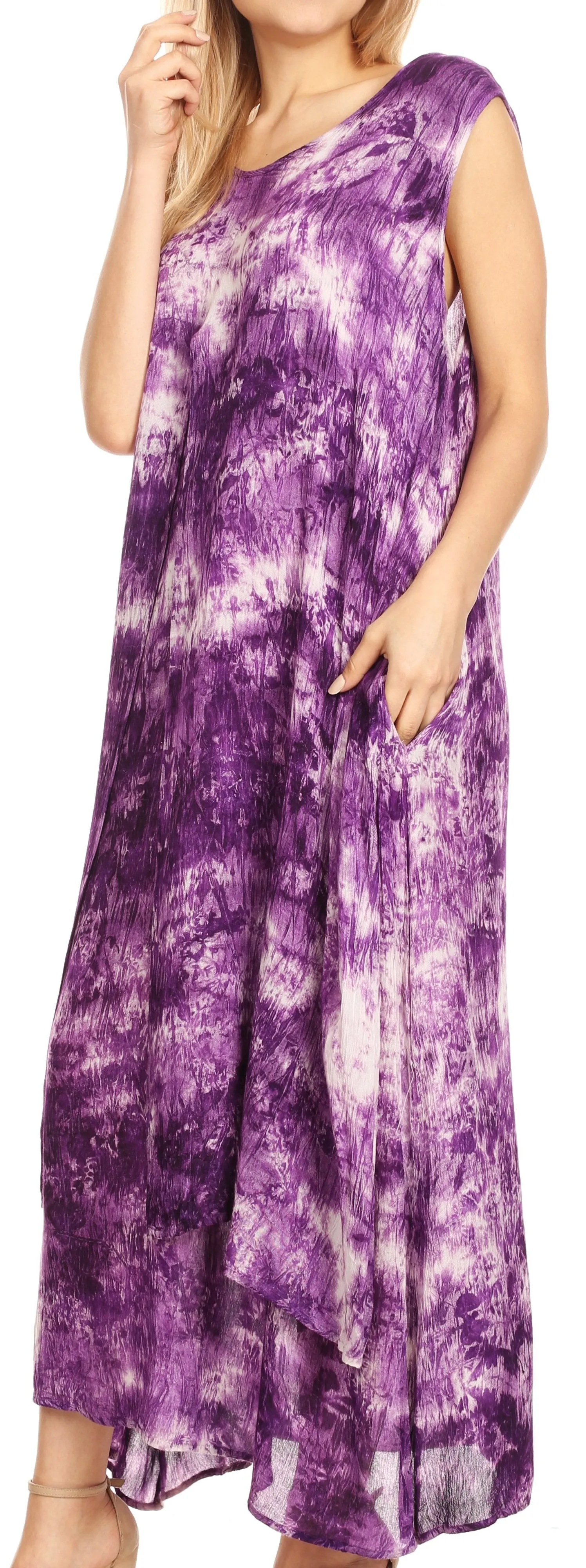 Sakkas Arisa Women's Maxi Casual Tie Dye Sleeveless Layered Cover up Tank Dress