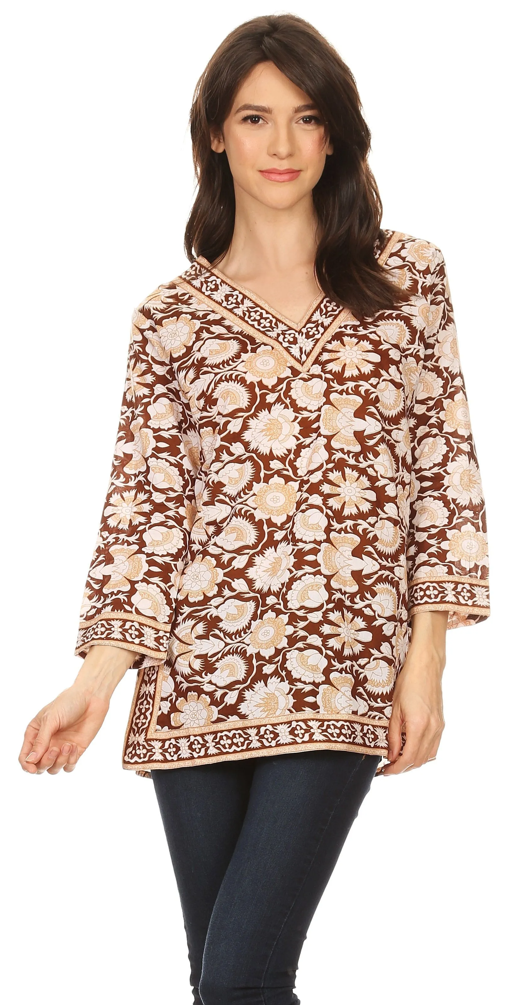 Sakkas Assia Damask Floral Long Sleeve Blouse Tunic