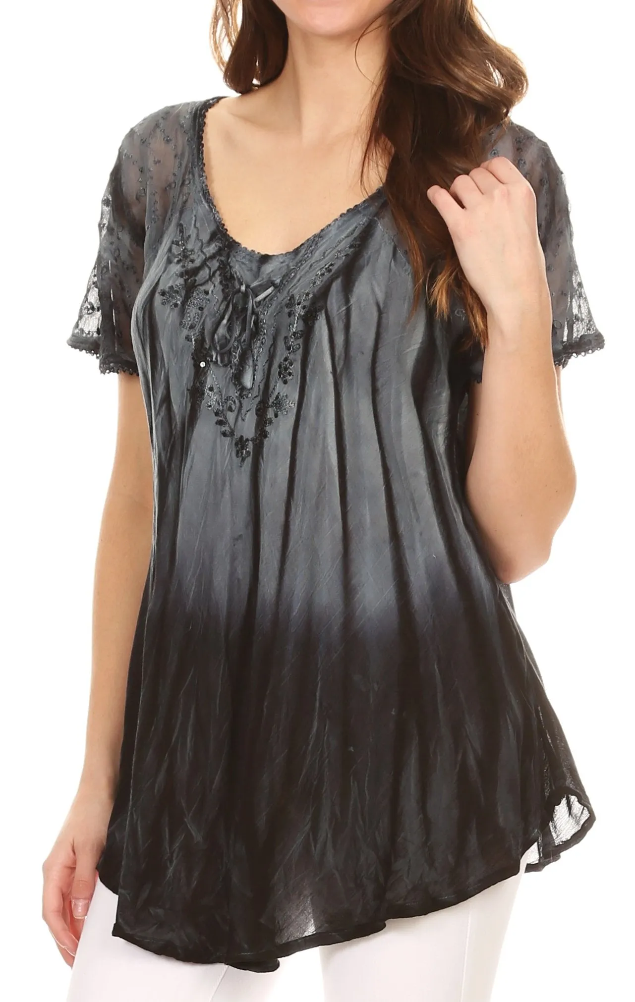 Sakkas Siri Ombre Tie Dye Embroidered Sheer Cap Sleeve Relaxed Fit Tunic Top