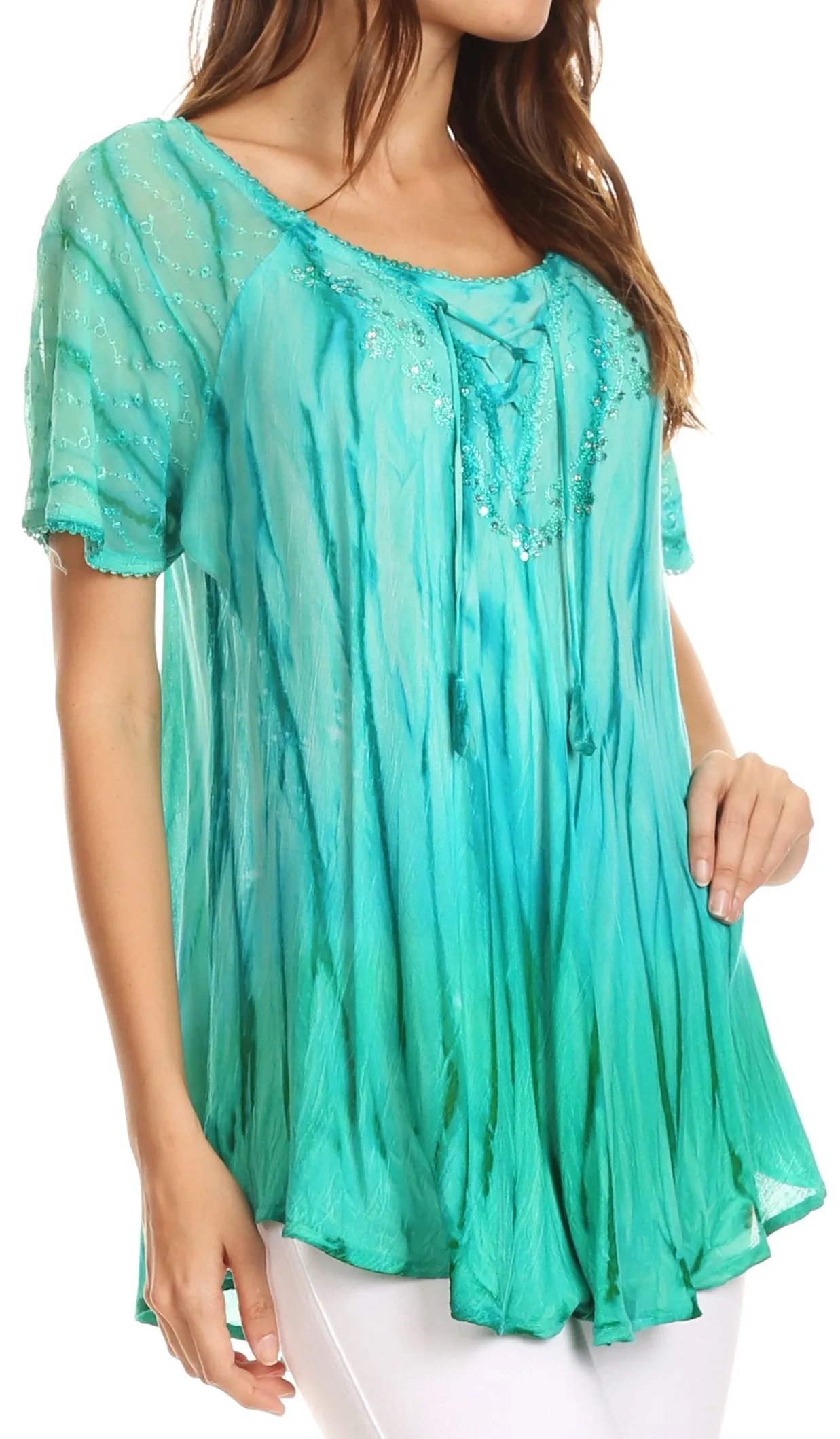 Sakkas Siri Ombre Tie Dye Embroidered Sheer Cap Sleeve Relaxed Fit Tunic Top