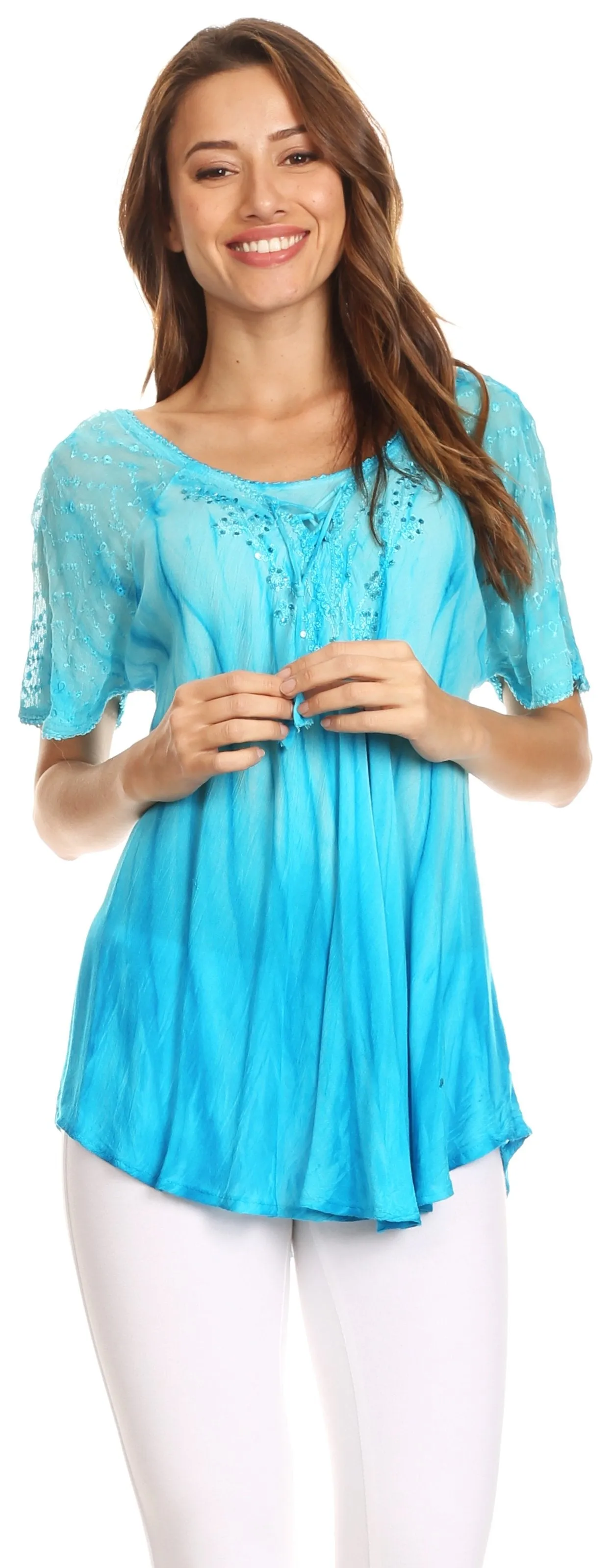 Sakkas Siri Ombre Tie Dye Embroidered Sheer Cap Sleeve Relaxed Fit Tunic Top