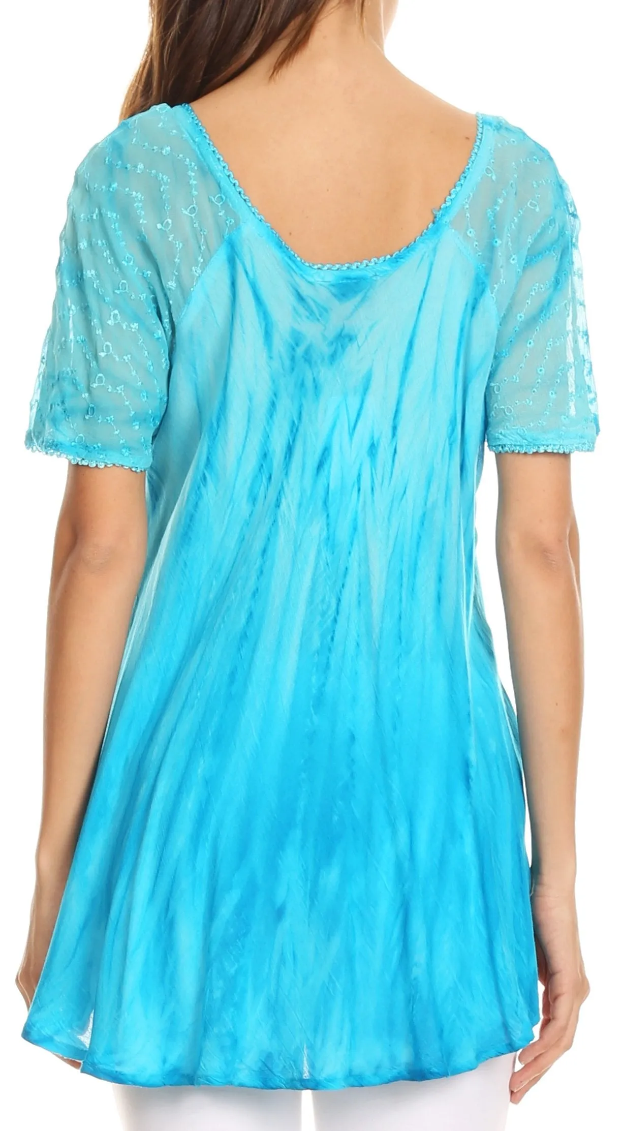 Sakkas Siri Ombre Tie Dye Embroidered Sheer Cap Sleeve Relaxed Fit Tunic Top