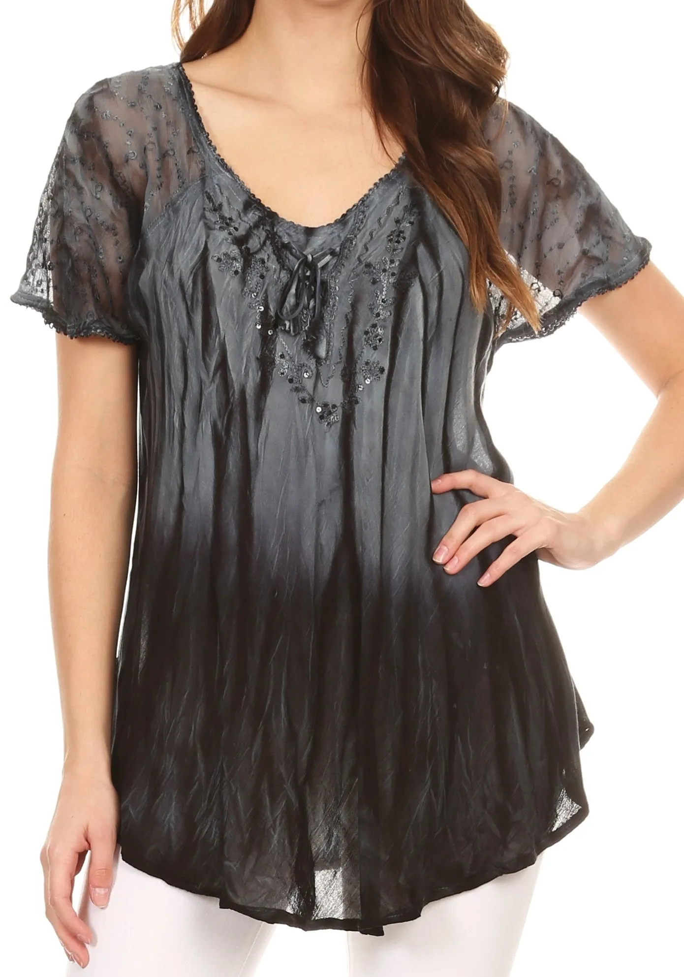 Sakkas Siri Ombre Tie Dye Embroidered Sheer Cap Sleeve Relaxed Fit Tunic Top