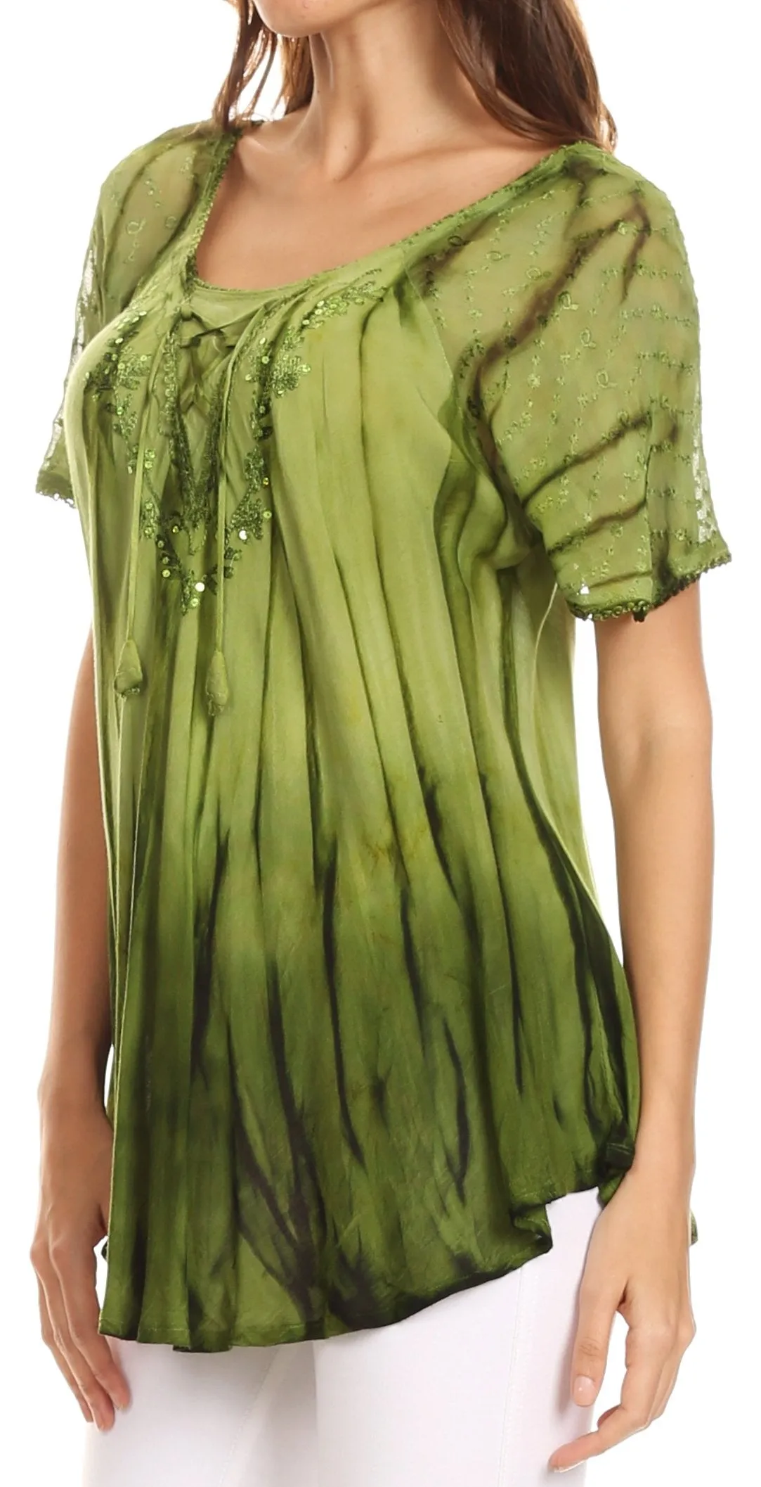 Sakkas Siri Ombre Tie Dye Embroidered Sheer Cap Sleeve Relaxed Fit Tunic Top