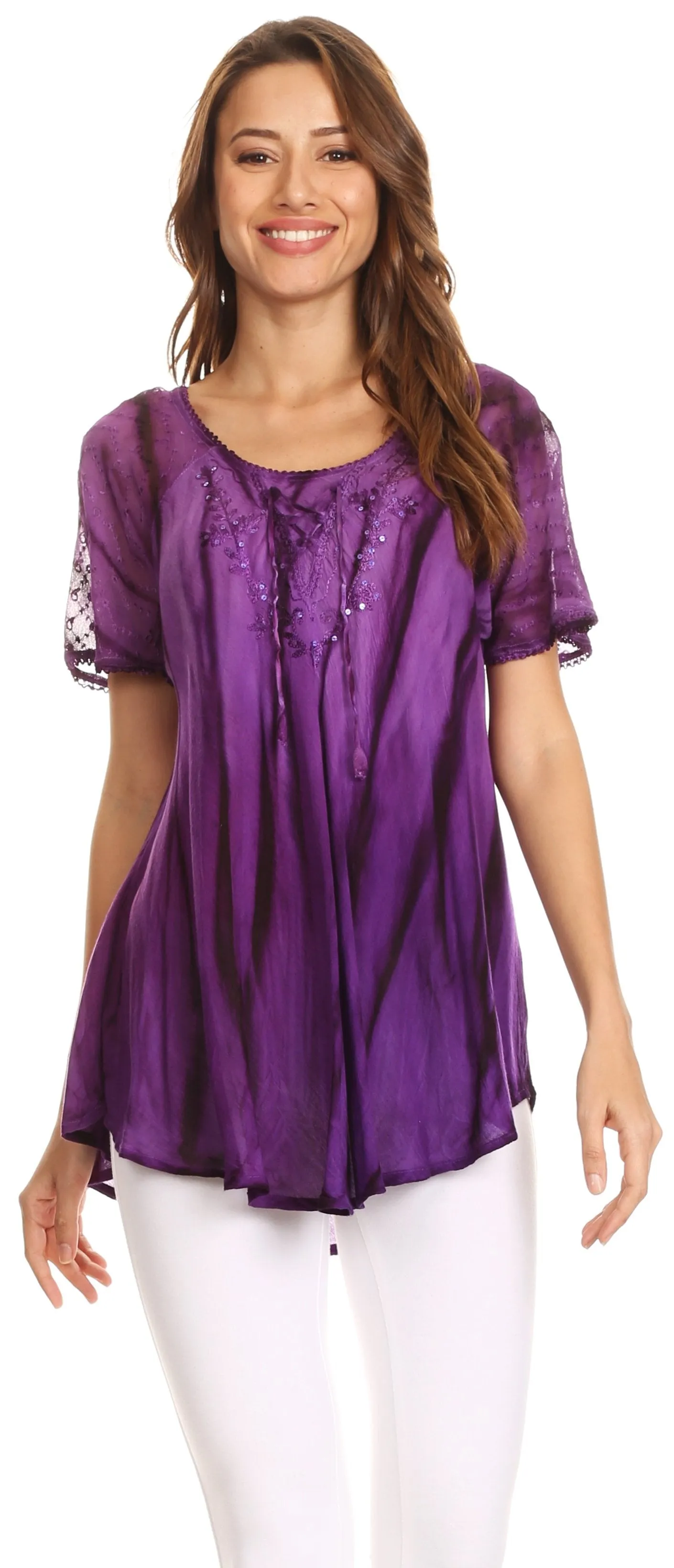 Sakkas Siri Ombre Tie Dye Embroidered Sheer Cap Sleeve Relaxed Fit Tunic Top