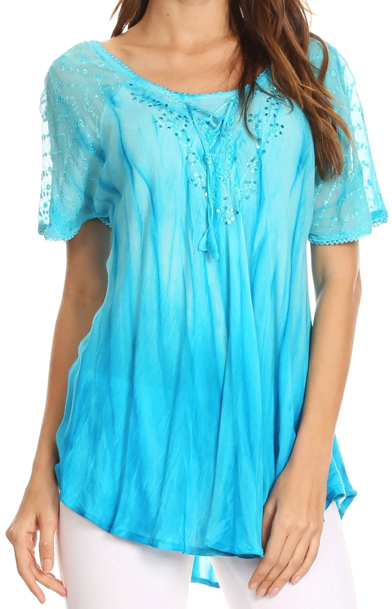 Sakkas Siri Ombre Tie Dye Embroidered Sheer Cap Sleeve Relaxed Fit Tunic Top