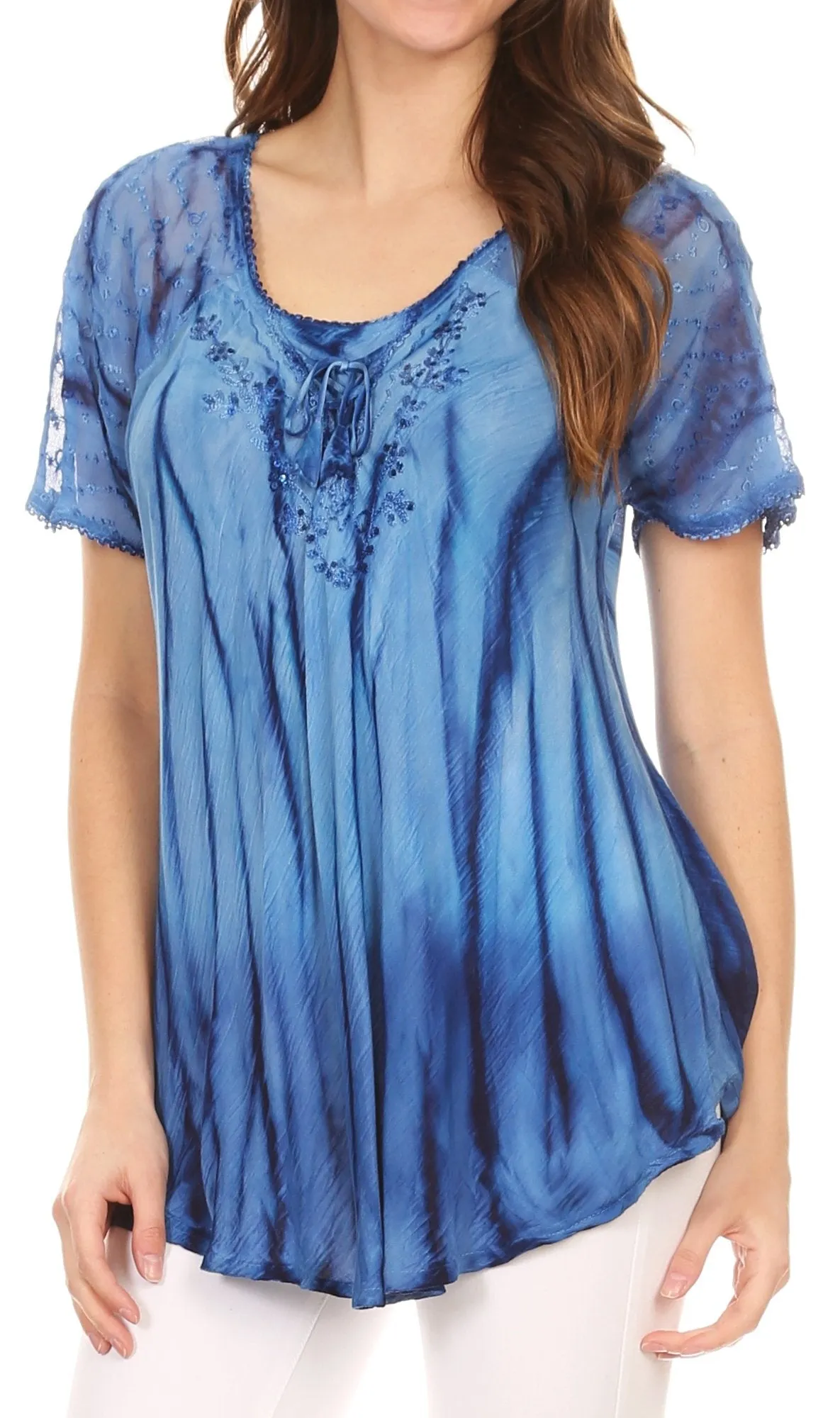 Sakkas Siri Ombre Tie Dye Embroidered Sheer Cap Sleeve Relaxed Fit Tunic Top