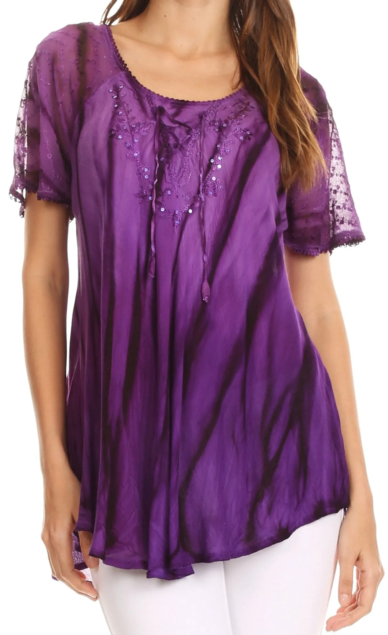 Sakkas Siri Ombre Tie Dye Embroidered Sheer Cap Sleeve Relaxed Fit Tunic Top