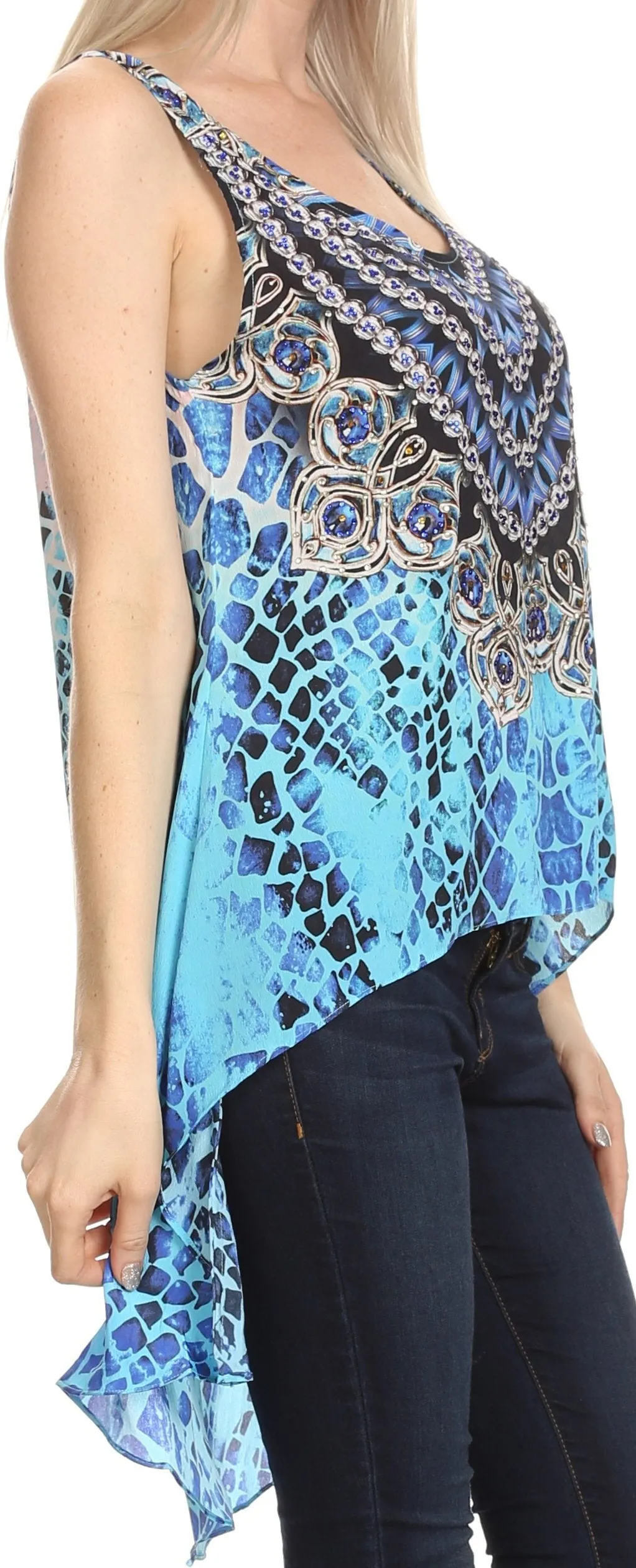 Sakkas Taryn Printed Hi Low U Scoop Neck Sleeveless Cover-up Tank Kaftan Tunic Top