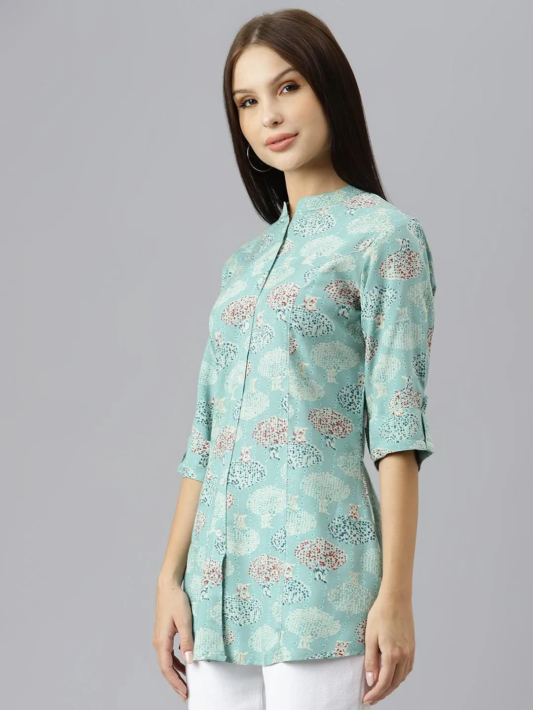 Sea Green Floral Rayon A-Line Shirts Style Top