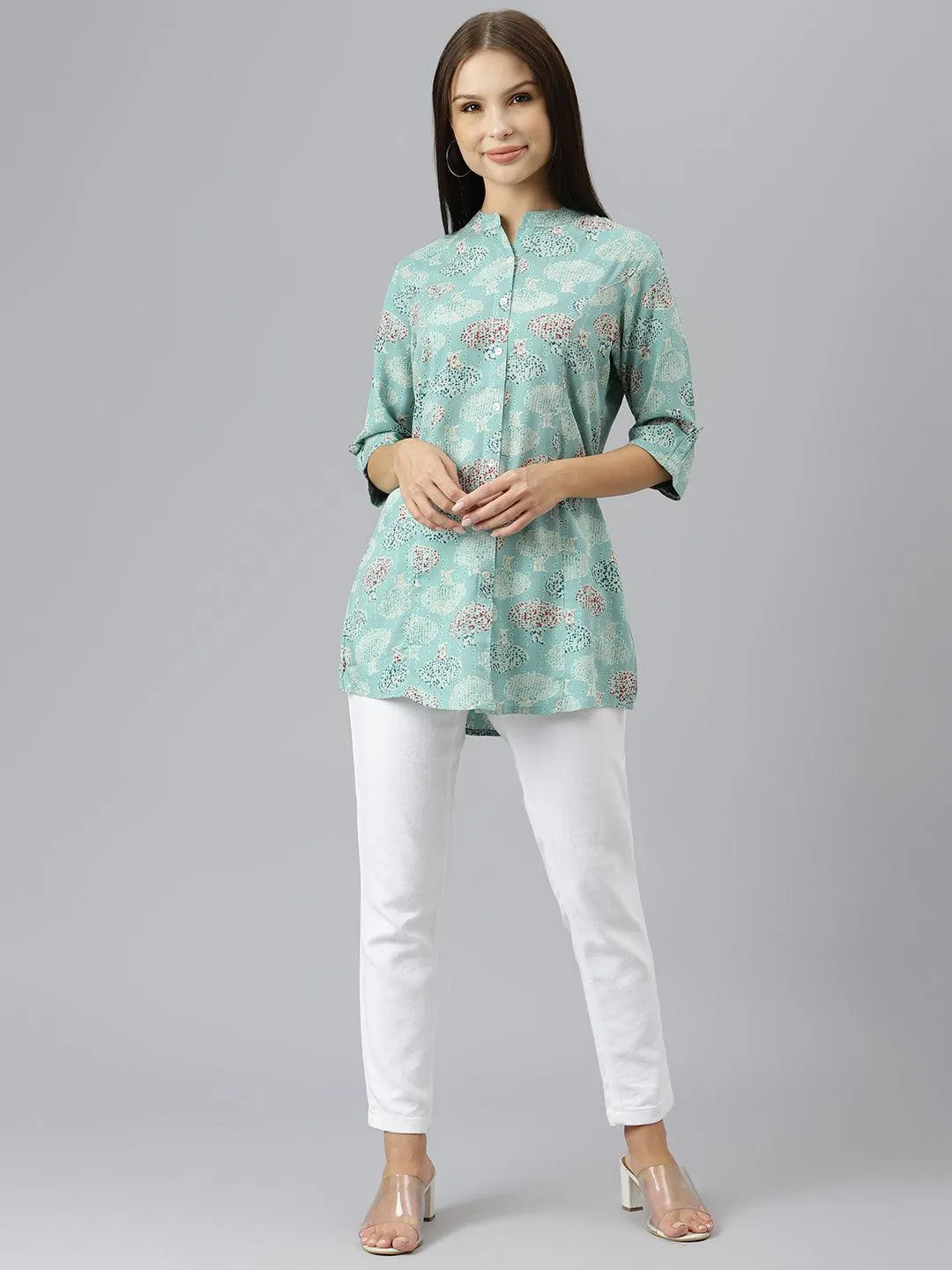 Sea Green Floral Rayon A-Line Shirts Style Top