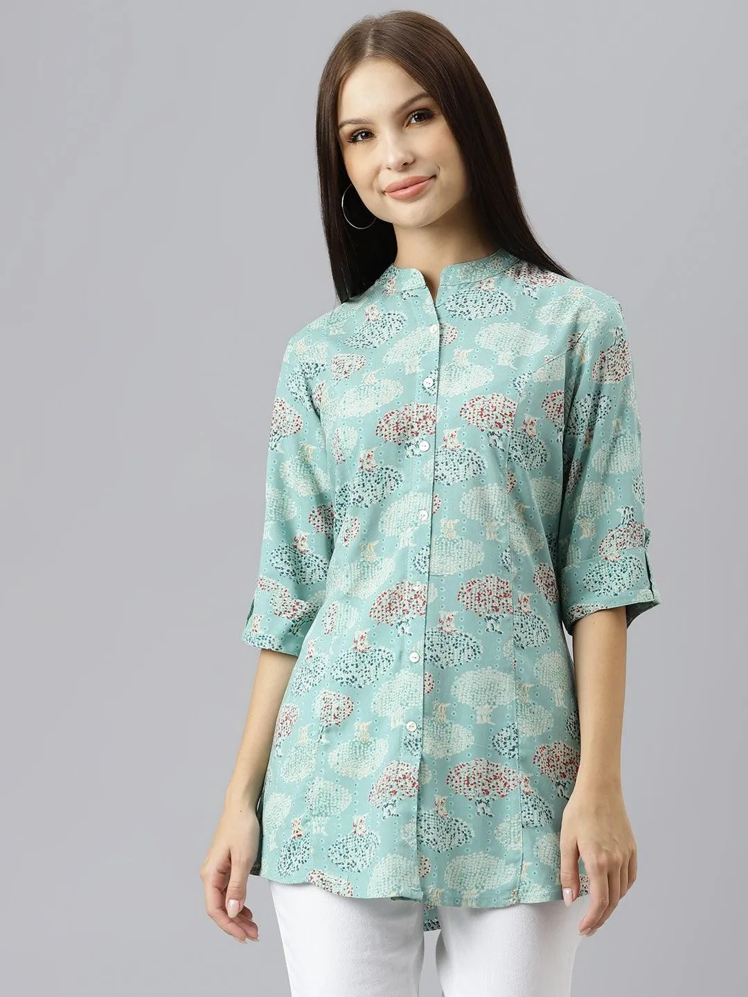 Sea Green Floral Rayon A-Line Shirts Style Top