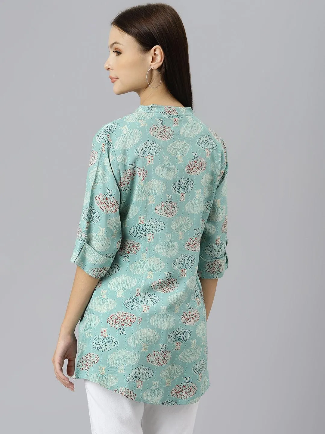 Sea Green Floral Rayon A-Line Shirts Style Top