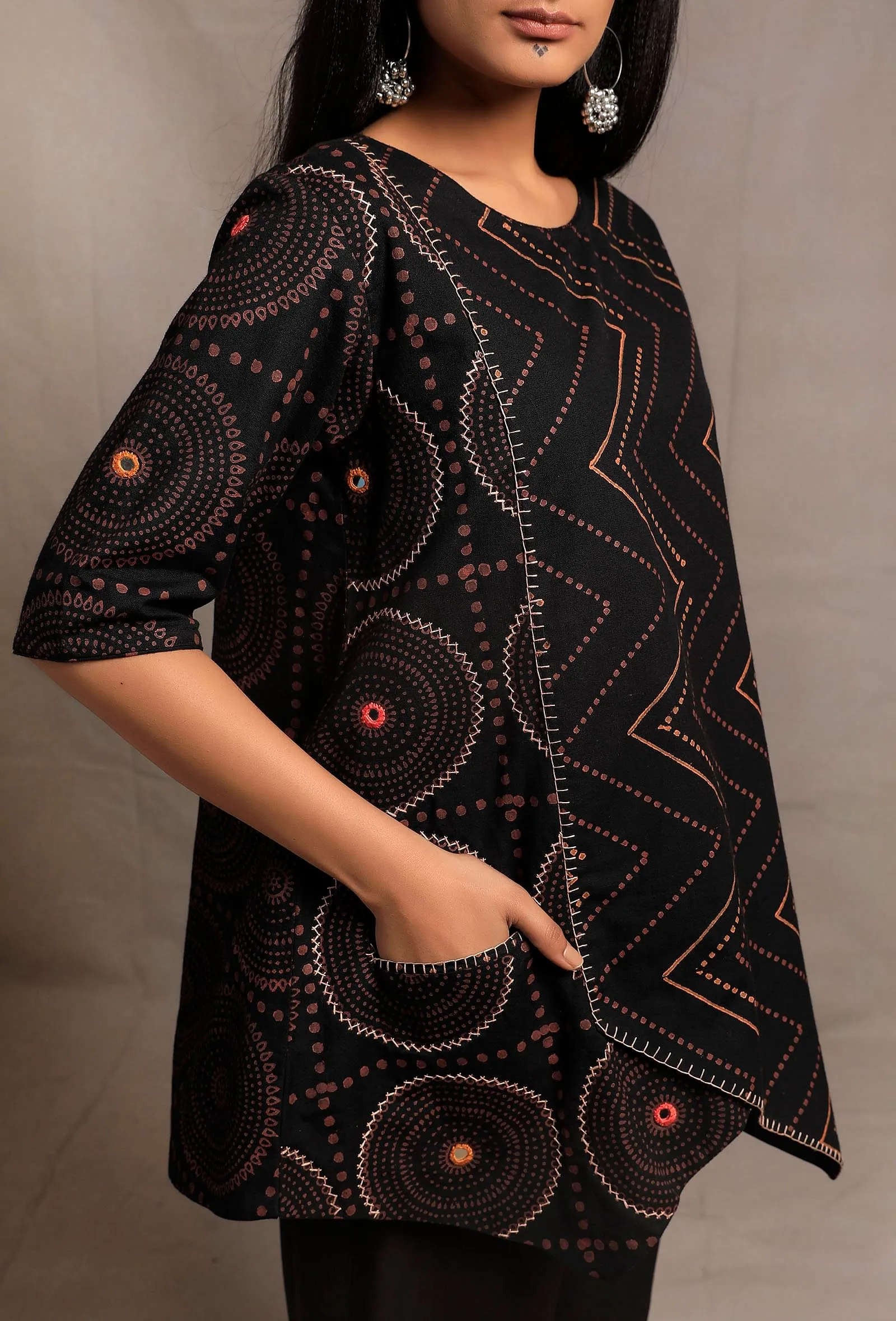 Set of 2: Black Hand Block Printed & Embroidered Short Tunic with Black Flex Narrow Pants