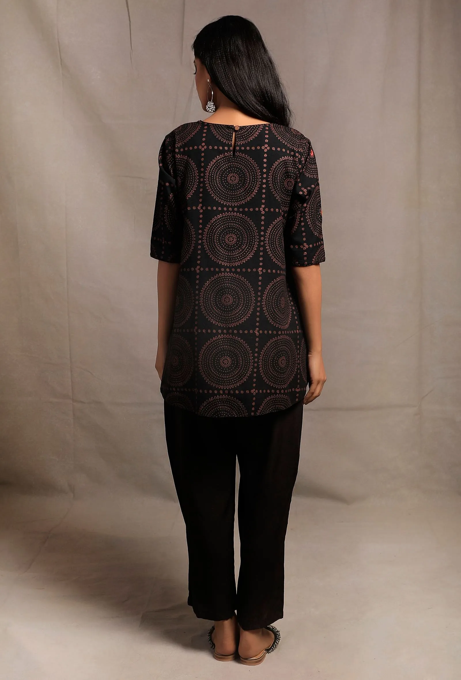 Set of 2: Black Hand Block Printed & Embroidered Short Tunic with Black Flex Narrow Pants